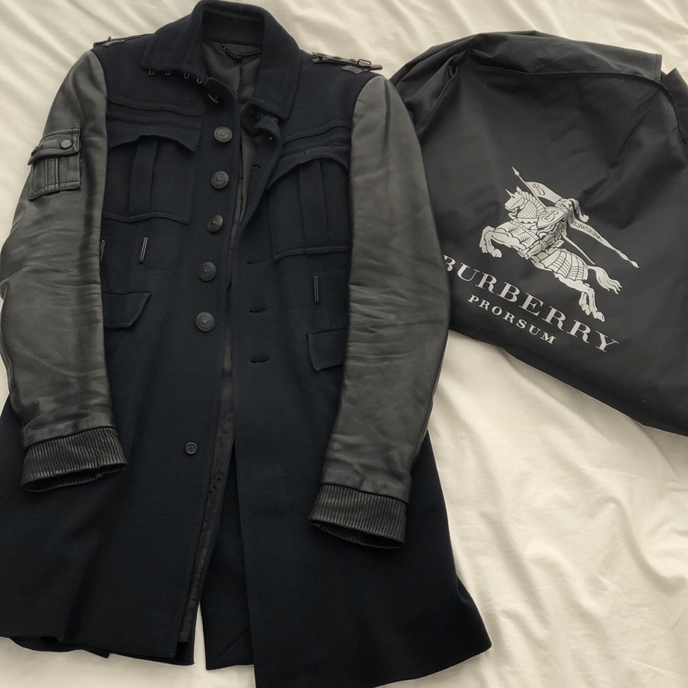 Burberry Prorsum Navy Topcoat with Leather Sleeves